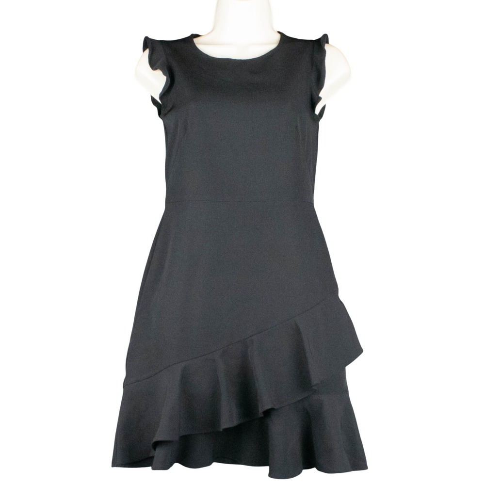 Loft Womens 00P Black Cocktail Dress Asymmetrical Ruffle Petite Flutter‎ Sleeve